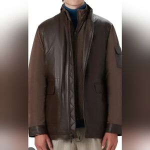 Men's BUGATCHI REMOVABLE BIB Brown Leather Bomber Jacket